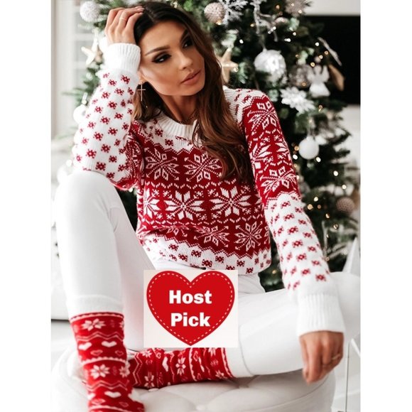 Sweaters - Red and White Christmas Sweater For Women Knitted Full Sleeve Bright & Beautiful